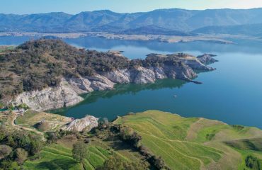Spectacular aerial view of Una Lake and surrounding hills, Himachal Pradesh, India.